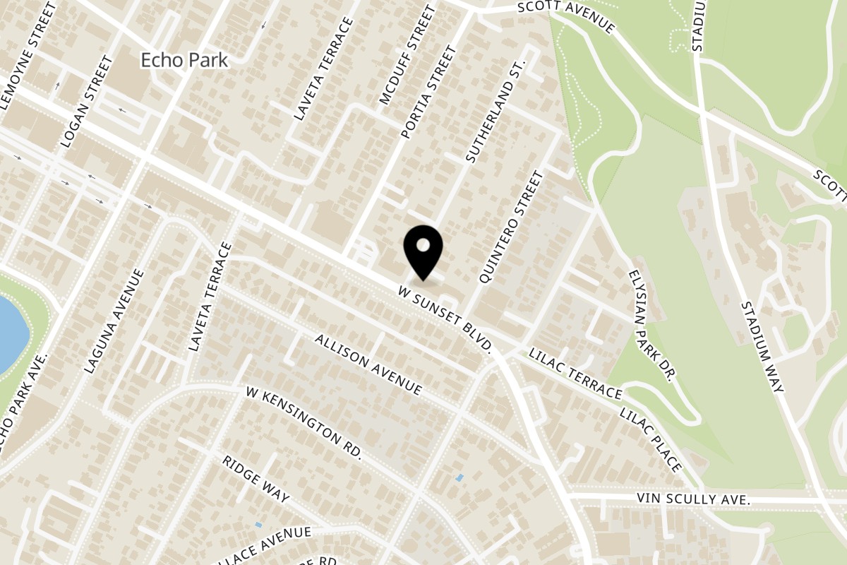 Map showing the location of El Compadre Echo Park on 1449 Sunset Blvd in Los Angeles